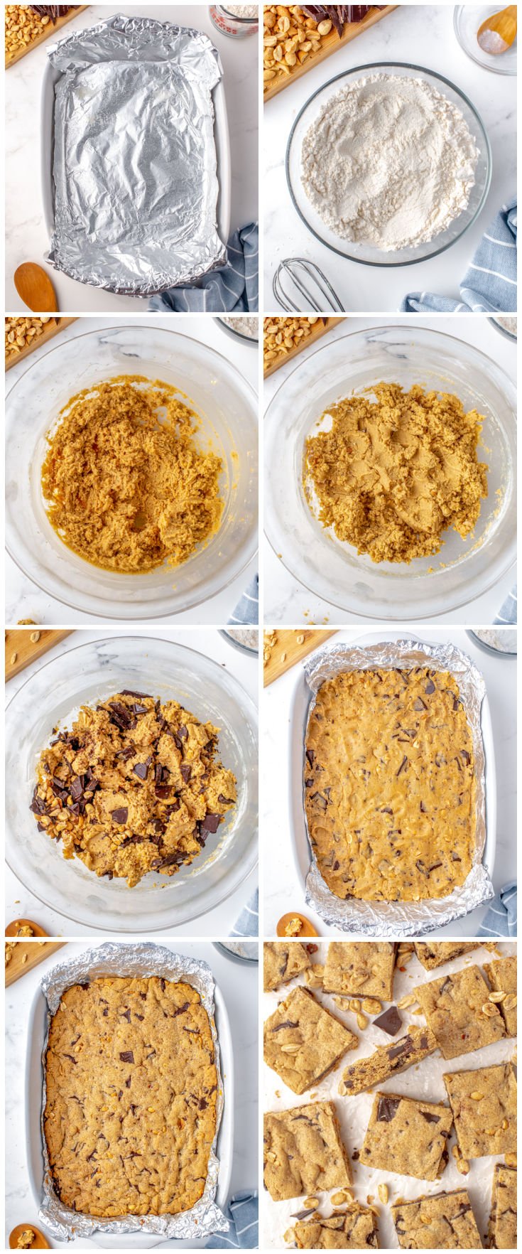 A picture collage showing how to make peanut butter cookie bars.
