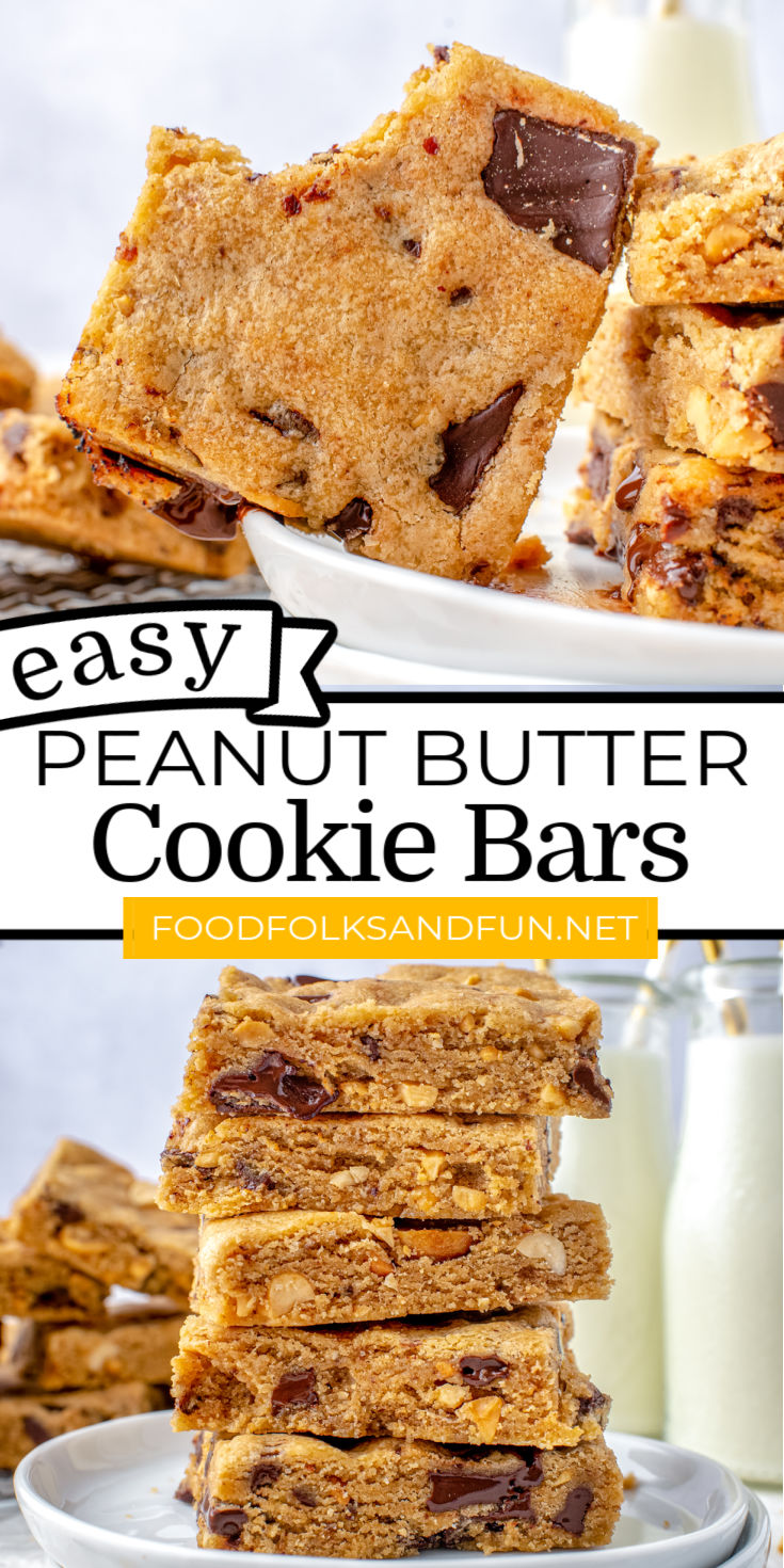 These Peanut Butter Cookie Bars are loaded with so much peanut flavor and dark chocolate chunks. They’re great for bake sales, get-togethers, and school lunches. via @foodfolksandfun