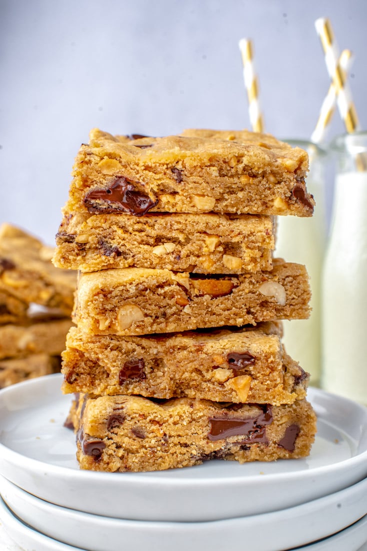Five Peanut Butter Cookie Bars stacked on top of each other.