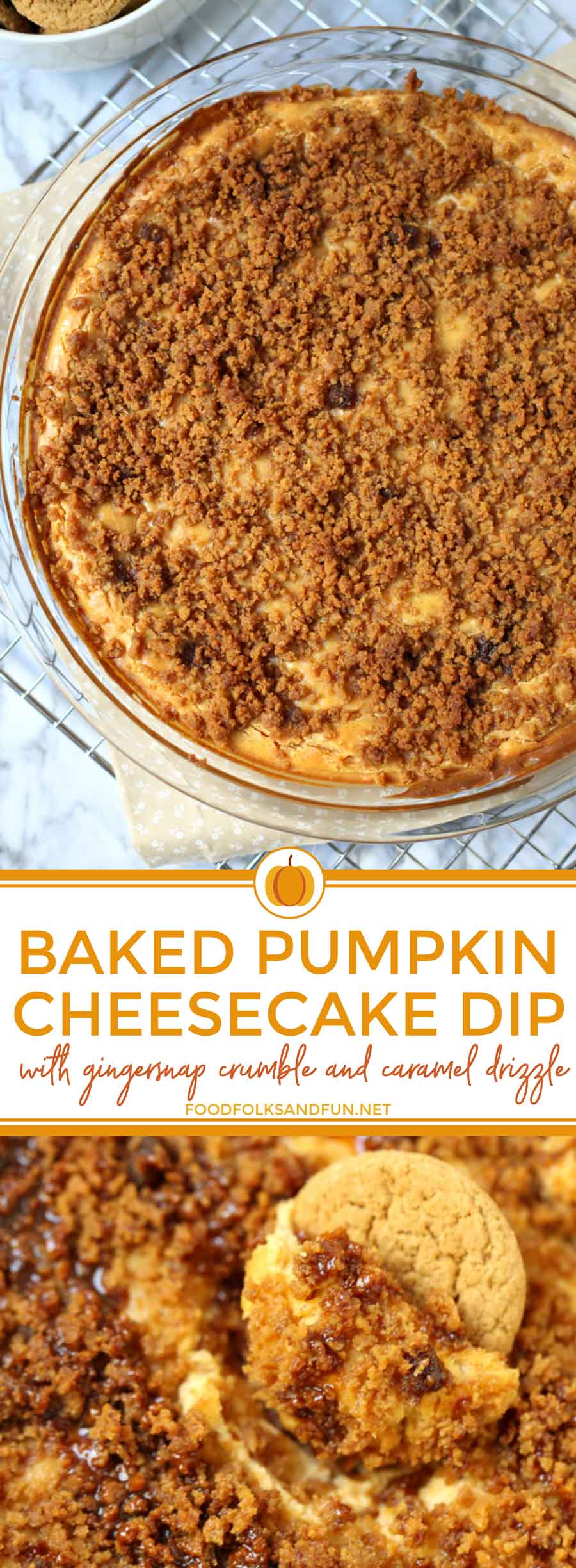This is your new favorite fall dessert: Baked Pumpkin Cheesecake Dip with a gingersnap crumble and caramel drizzle! PLUS a recipe video so you can see just how easy this Pumpkin Cheesecake Dip is to make!  via @foodfolksandfun