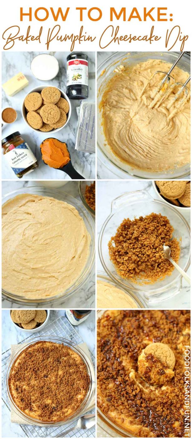 Picture collage of how to make pumpkin cheesecake dip.