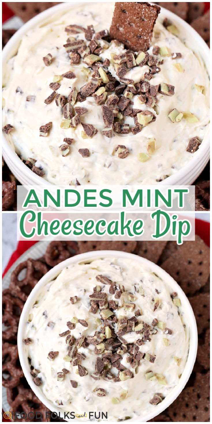 This Andes Mint Cheesecake Dip is a quick & easy holiday dessert dip that comes together in 10 minutes! It's creamy, delicious and has a hint of Créme de Menthe flavor. via @foodfolksandfun
