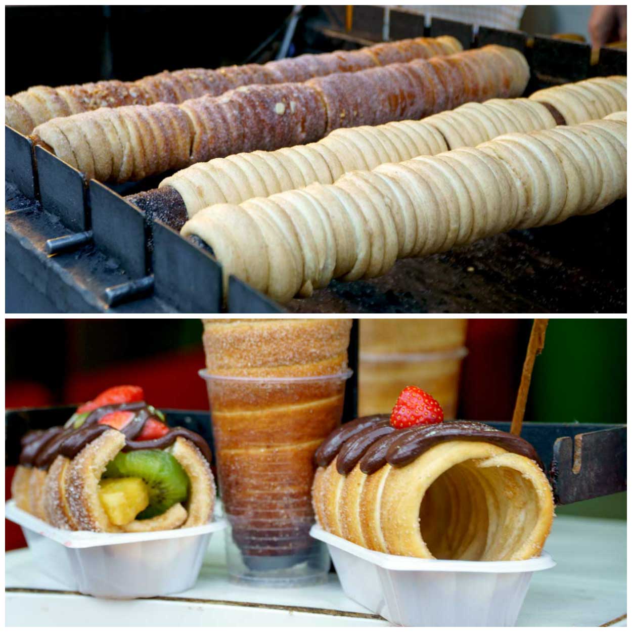 A collage of chimney cakes at a Christmas Market