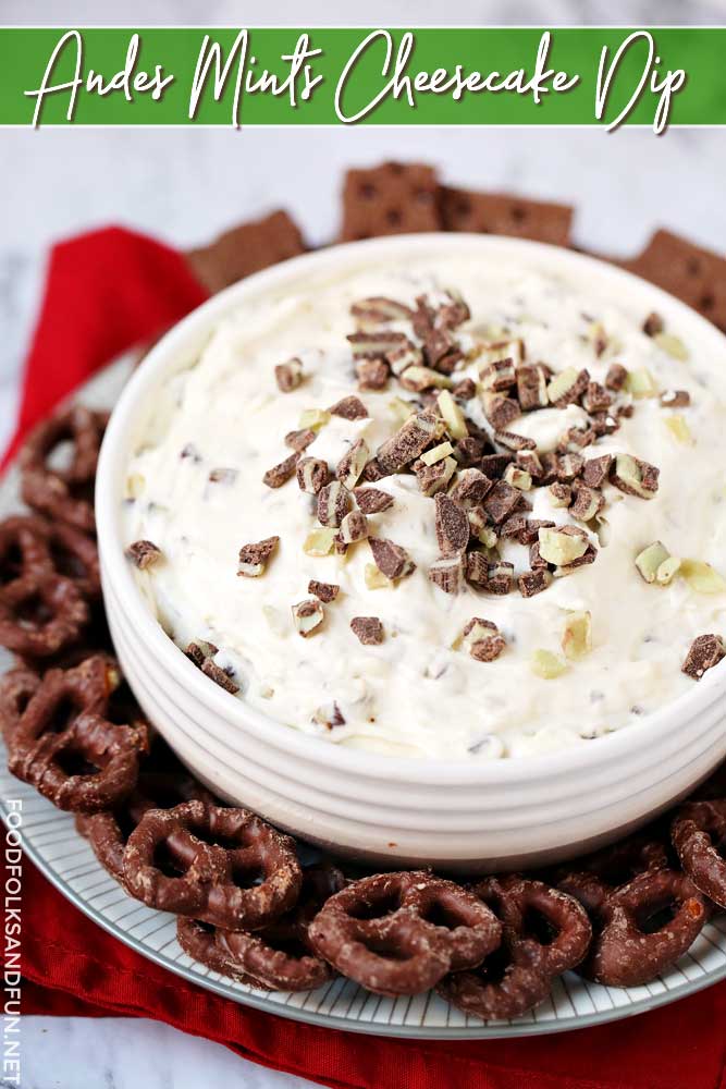 Mint Dip in a white bowl with chocolate covered pretzels.