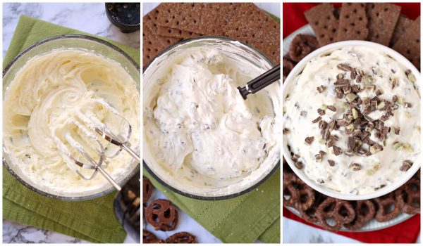 A picture collage of the different steps to make this cheesecake dip recipe. 