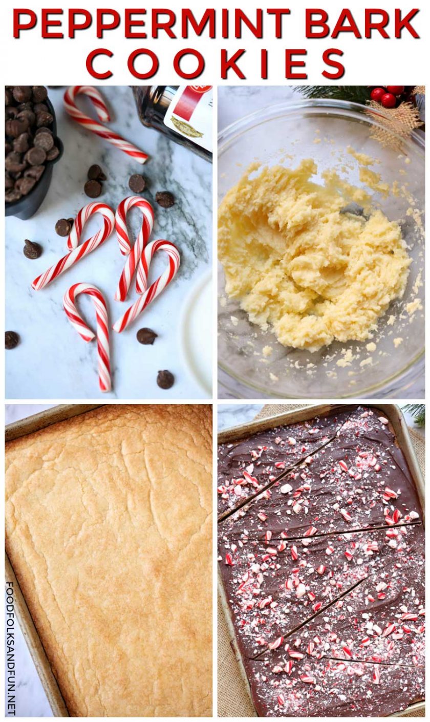 Picture collage of how to make peppermint bark cookies.