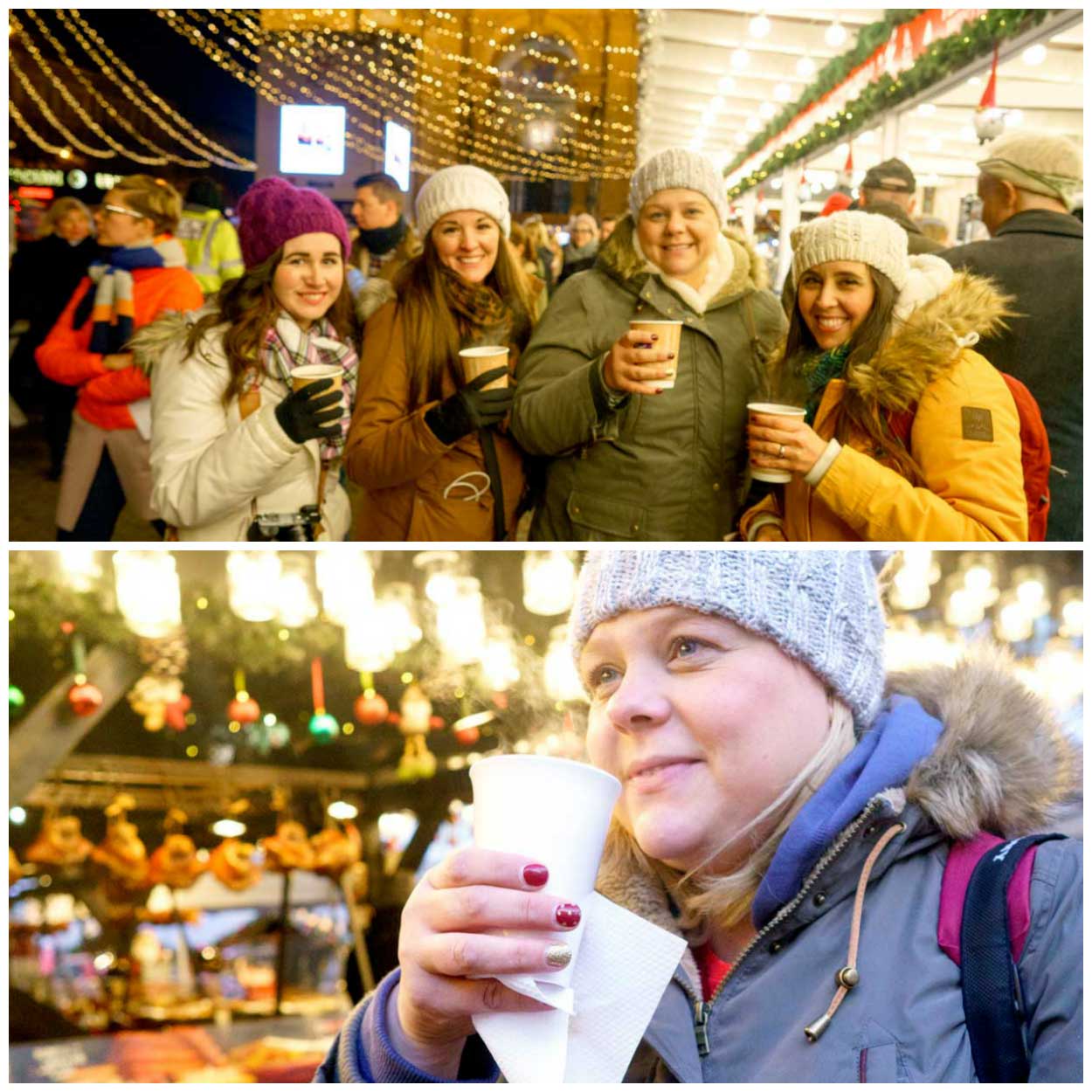 A collage of drinking Kinder Punch at a Christmas market