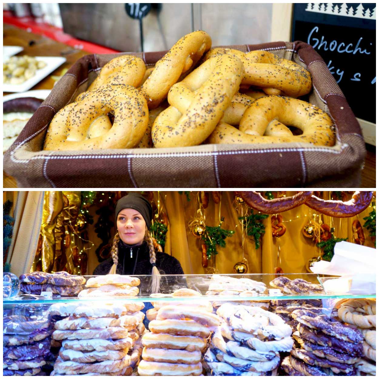 A collage of European pretzels at a Christmas Market