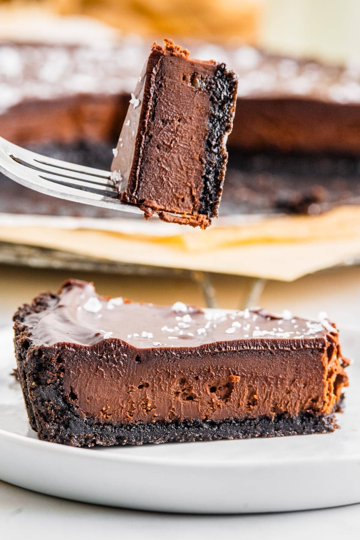 A close-up picture of a forkful of chocolate tart.