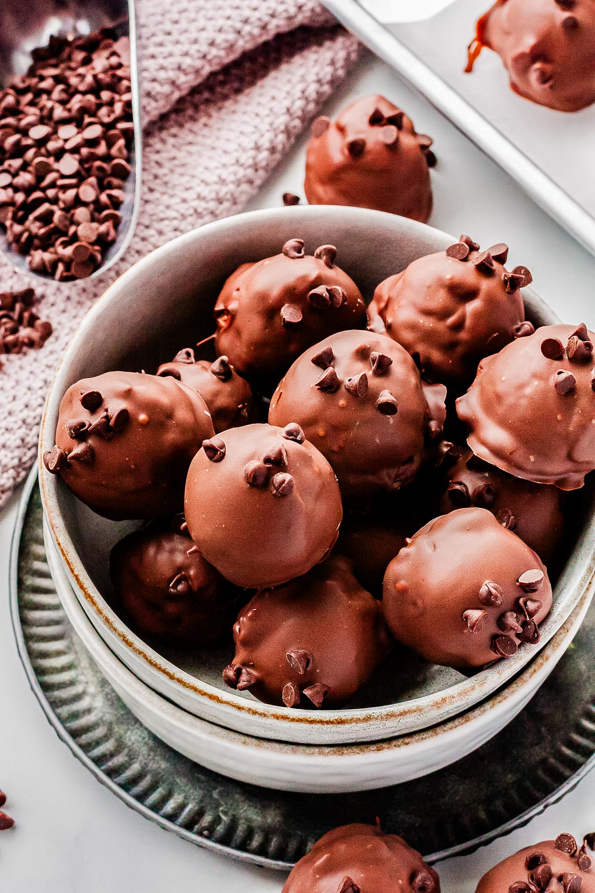 A bowl of cookie dough truffles.