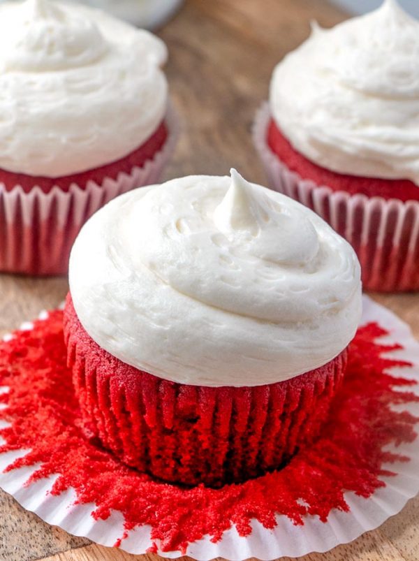 A moist red velvet cupcake.