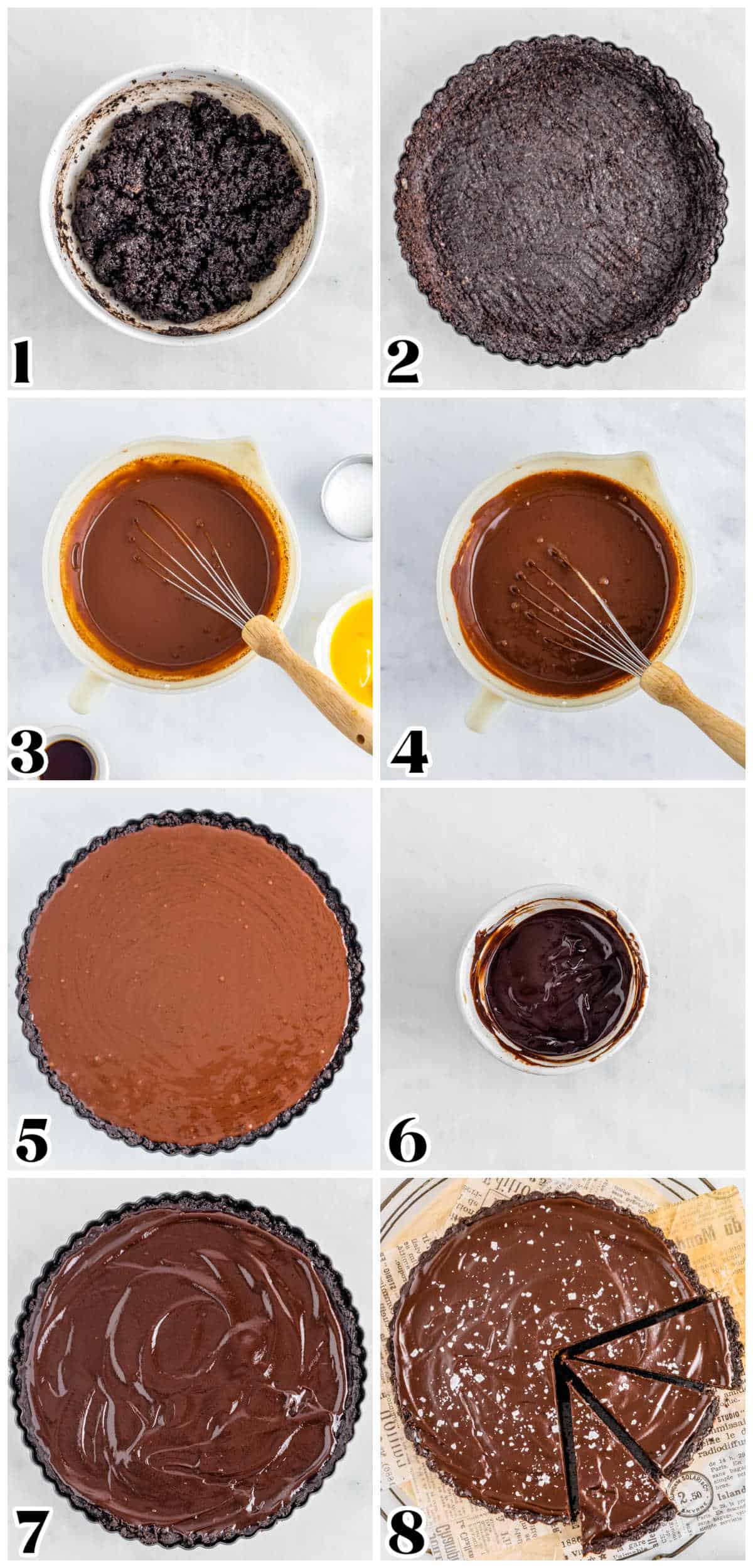 A picture collage showing how to make this recipe from the Oreo crust to the chocolate ganache glaze.