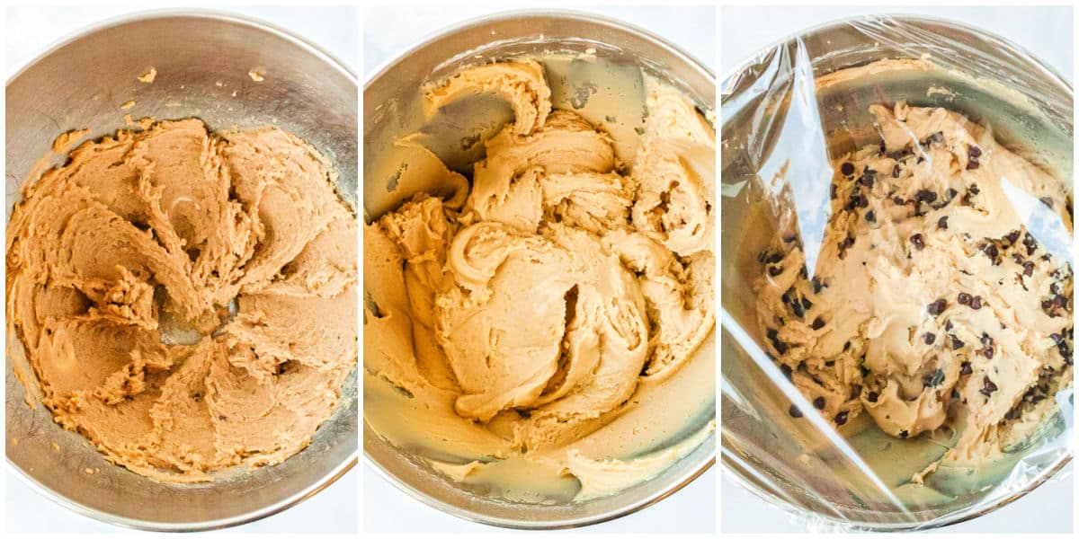 The cookie dough mixted together and covered with plastic wrap.