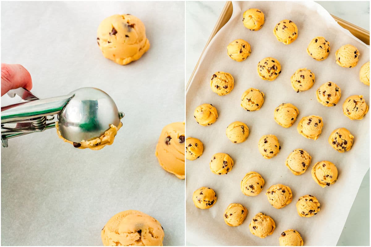 Cookie dough scooped and placed placed on a parchment-lined cookie sheet.