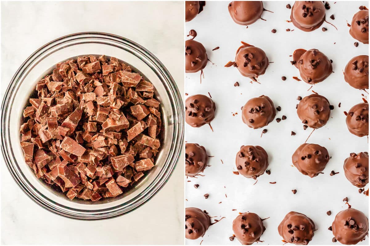 The dipped and chilled truffles on a parchment-lined baking sheet.