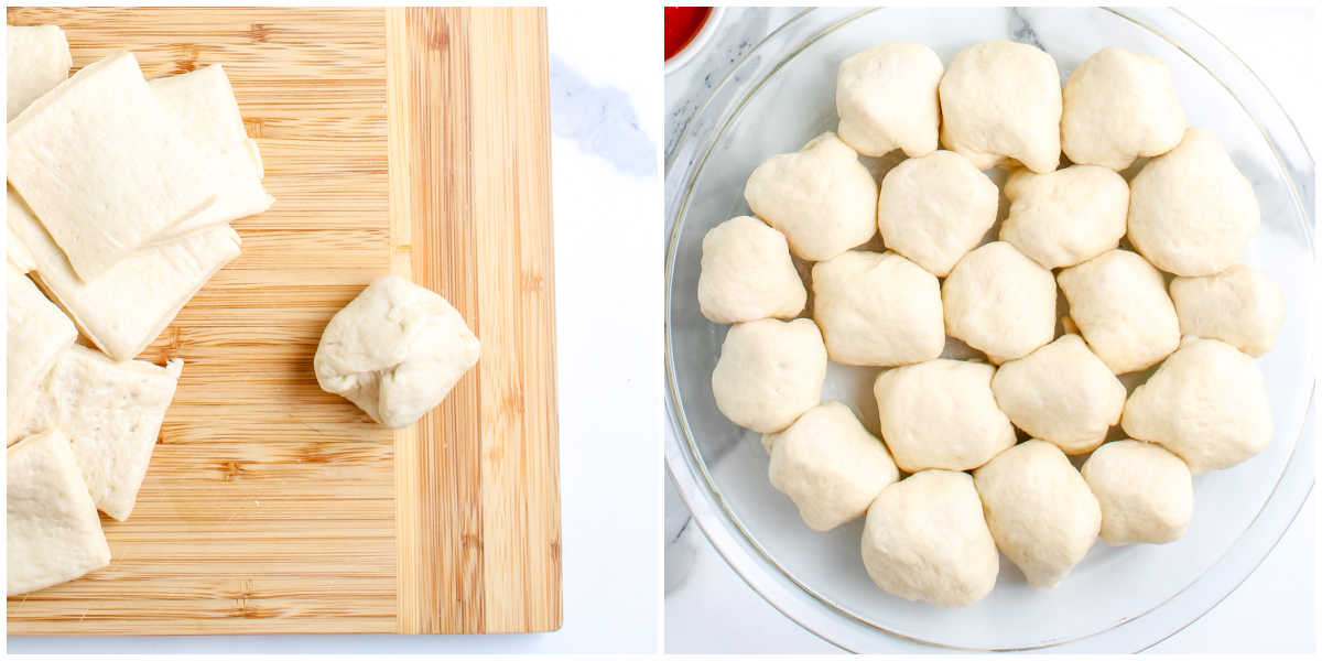 A process shot showing the dough wrapped around the filling to form a ball. To the right, a glass pie plate is partially filled with the assembled raw dough balls arranged in a circle.