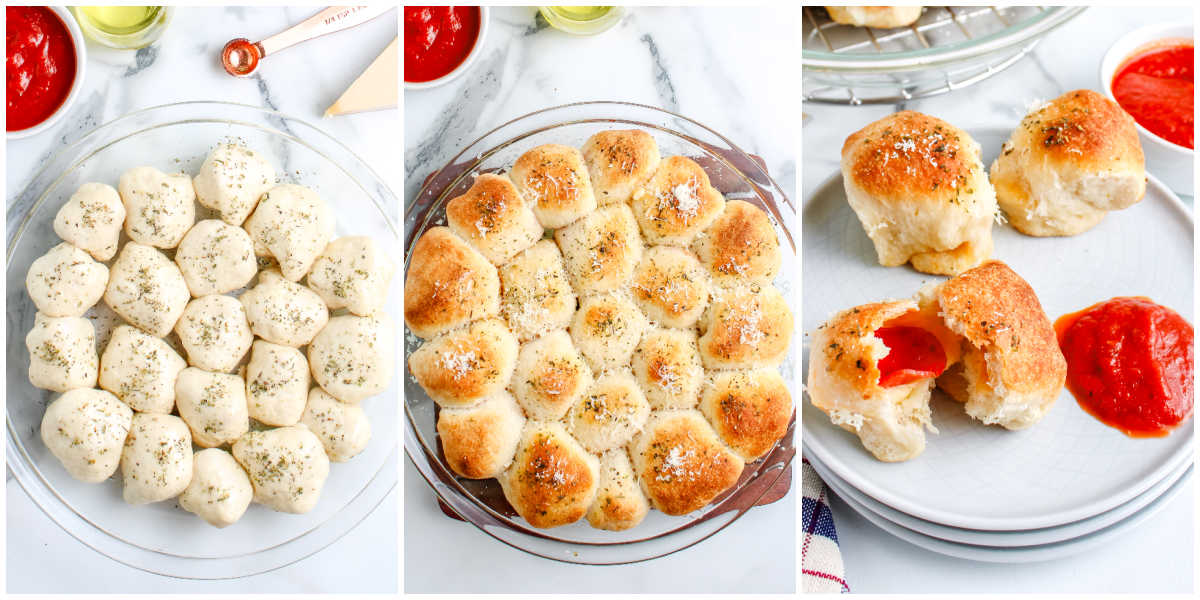 A three-image collage showing the process: raw dough balls in a pie plate seasoned with herbs, the baked golden-brown rolls fresh out of the oven, and a plated serving with marinara sauce for dipping.