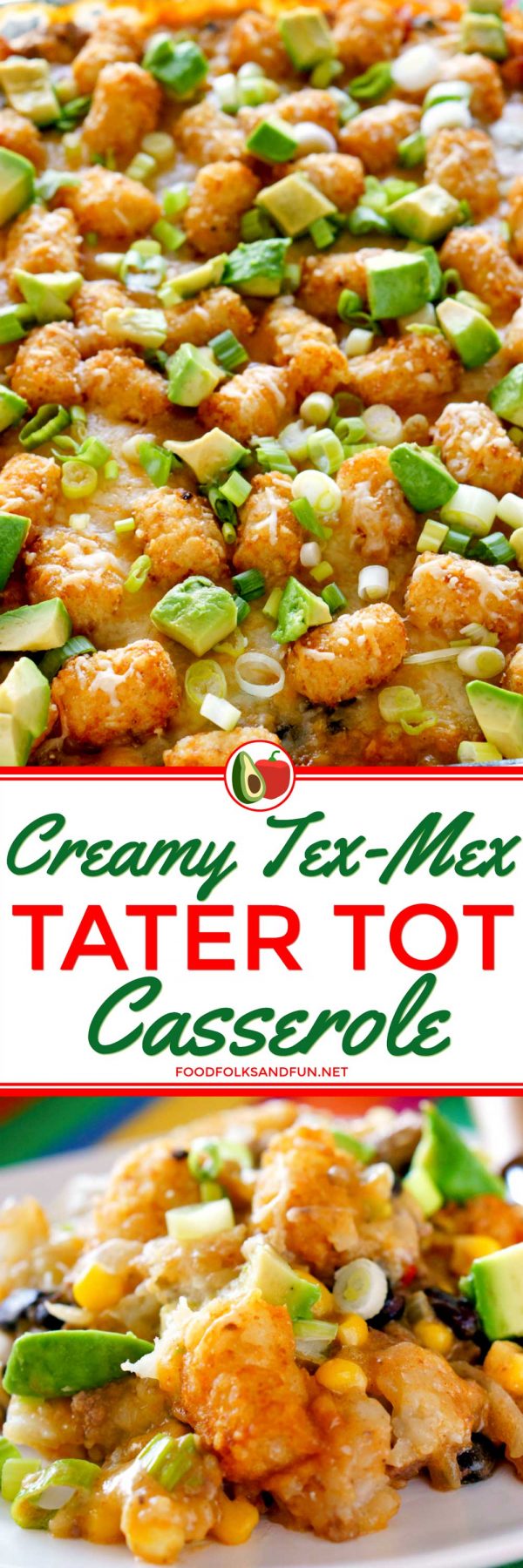 Cheesy Tater Tot Casserole made with Tex-Mex flavors.