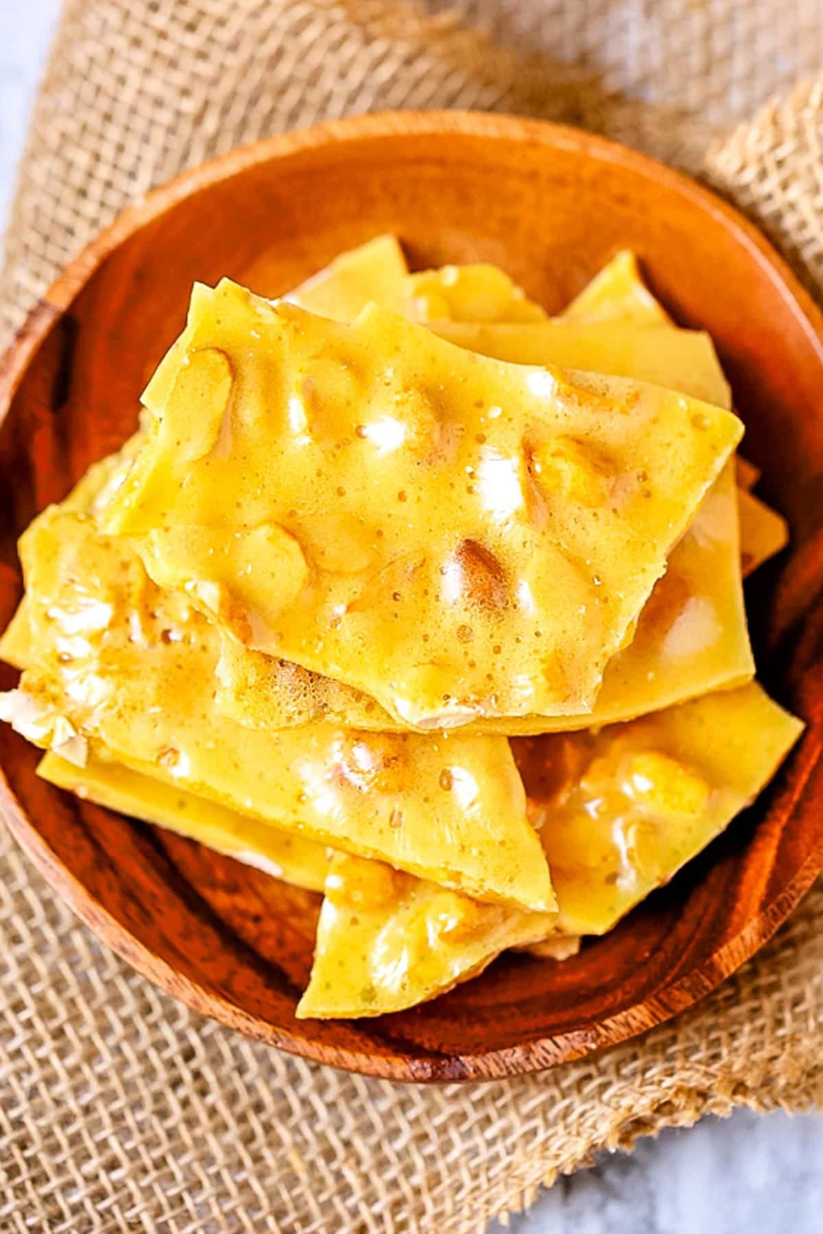 Finished brittle in a serving bowl.