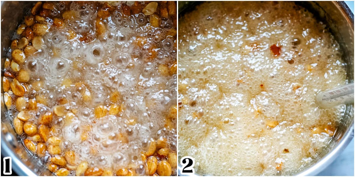 The peanut brittle mixture boiling in a saucepan.