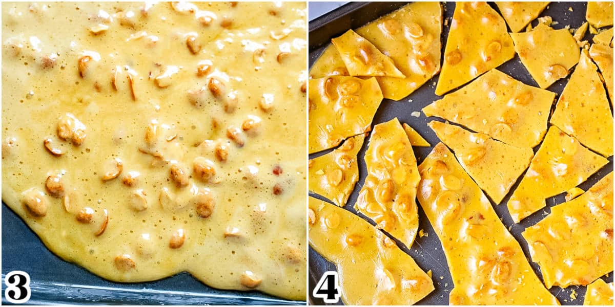 The boiled peanut and sugar mixture poured onto a butterred baking sheet, and the brittle hardened and broken into pieces.