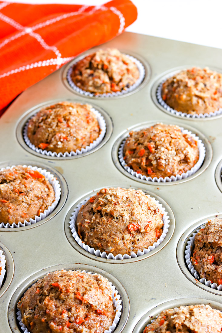 The finished Carrot Muffin recipe in a muffin tin.