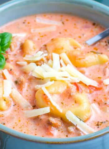 Creamy tomato soup in a bowl with tortellini floating in it.