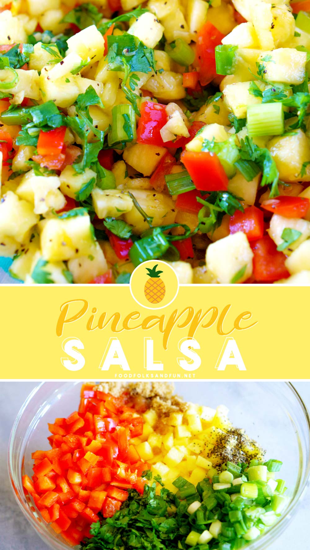 This easy Pineapple Salsa recipe is beautifully colorful, sweet, and versatile! I use it as a side dish, an appetizer, or a topping on tacos, chicken, pork, or even steak. Plus it’s great for canning so you can enjoy it year-round! #salsa #pineapple #pineapplesalsa #appetizer #pineapplerecipe #foodfolksandfun via @foodfolksandfun