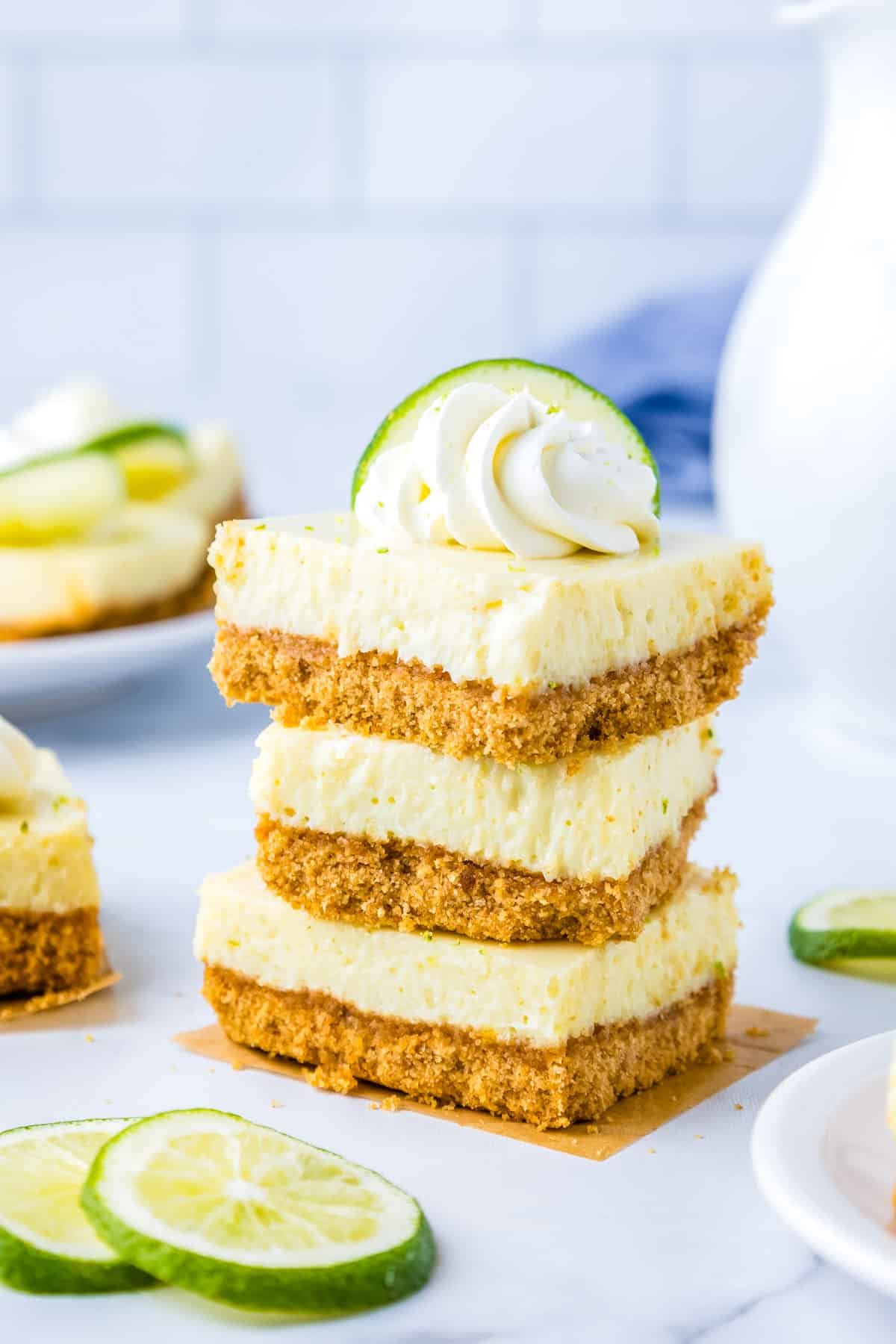 Three Key Lime Bars stacked on top of each other.