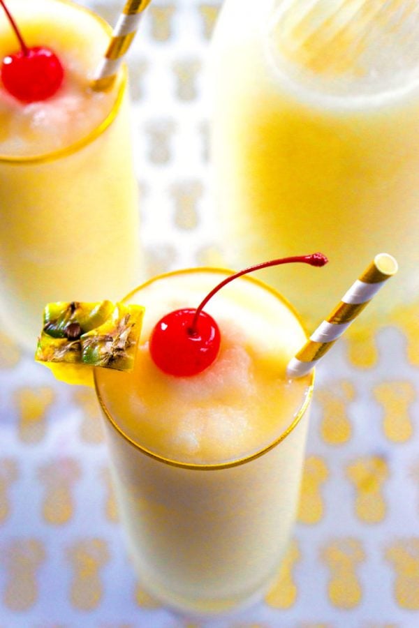 Pina Colada made with pineapple juice, cream of coconut, and ice.