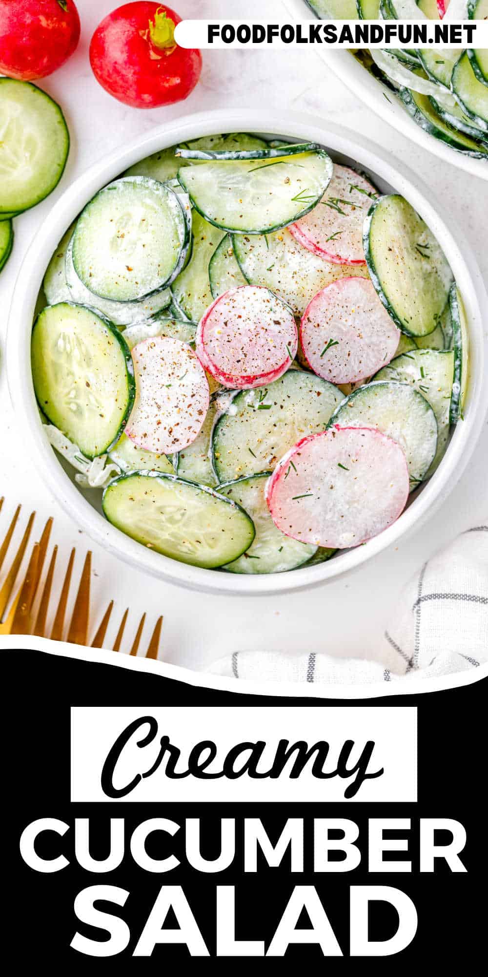 Make creamy cucumber salad for a refreshing, light, easy-to-prepare dish perfect for hot summer days. You'll love the crunch and creaminess! via @foodfolksandfun