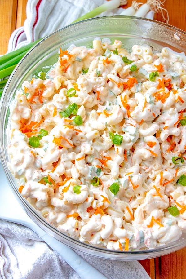 An overhead picture of Hawaiian Macaroni Salad in a serving bowl.