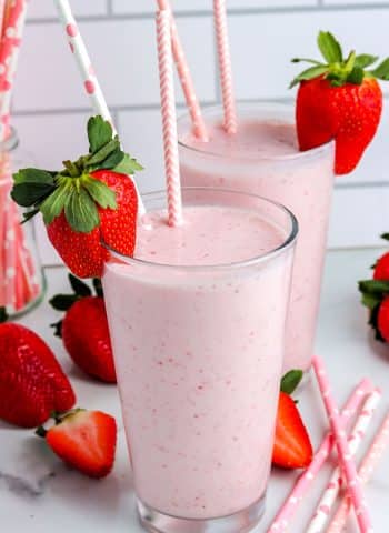 Two glasses filled with the strawberry Smoothie.