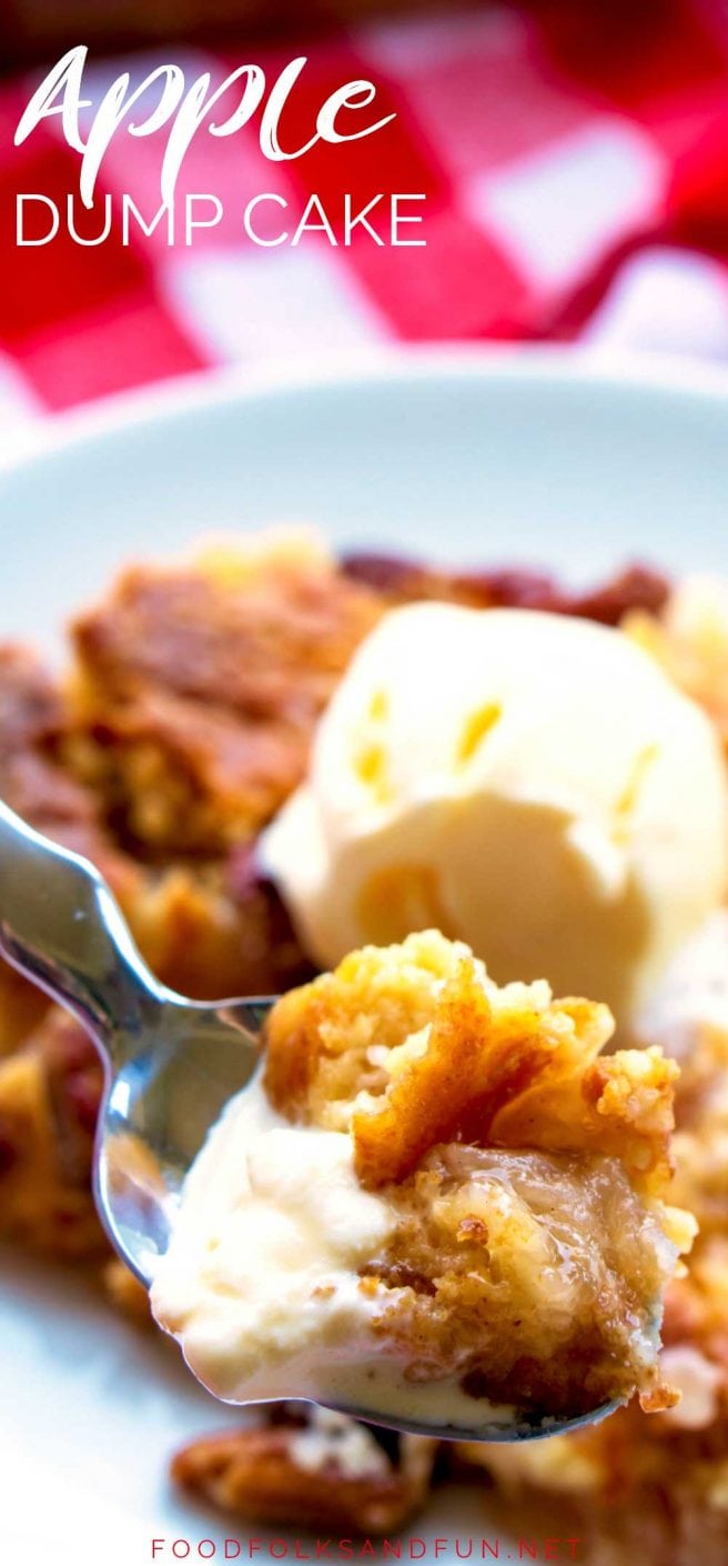 A close up picture of apple dump cake on a spoon with vanilla ice cream.