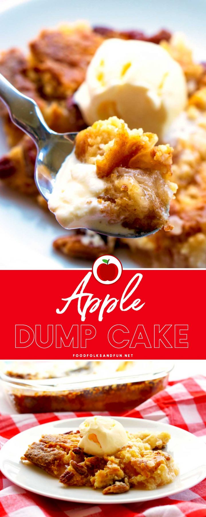 Apple Dump Cake is an easy and irresistible dessert that's made with just 4 ingredients: apple pie filling, cake mix, pecans, and butter! via @foodfolksandfun