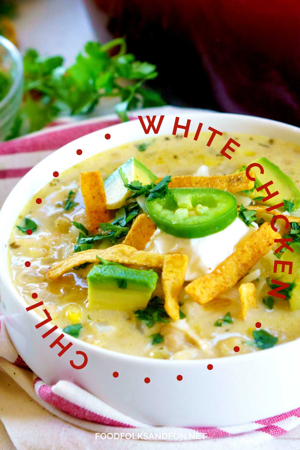 A bowl of White Chicken Chili with text overlay for Pinterest
