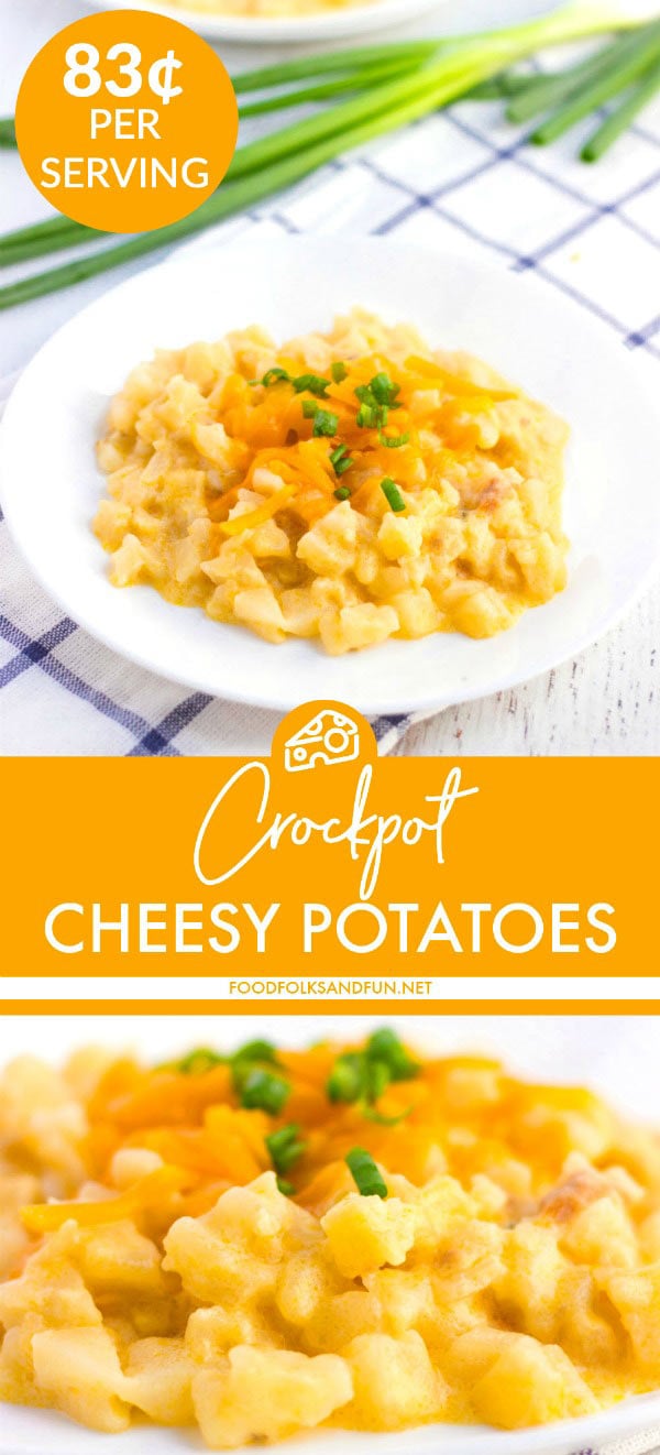 These Crockpot Cheesy Potatoes are the easiest and the best side dish or breakfast dish for any get-together! This recipe serves 8 and costs $6.67 to make. That’s just 83¢ per serving!  via @foodfolksandfun