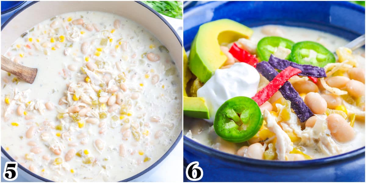The chili stired until the cheese is melted and then garnished with toppings.