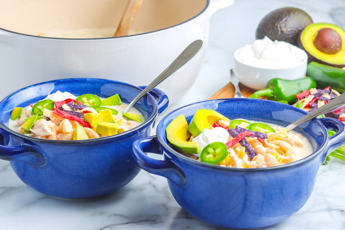 The finished chili in blue bowls.