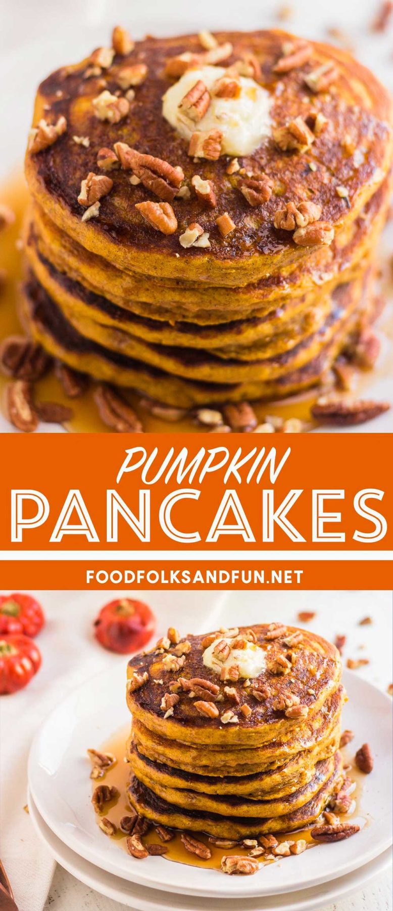 Delicious and fluffy Pumpkin Pancakes that are so easy to make. They’re perfect for Fall breakfast or brunch, and they’re always a crowd pleaser!