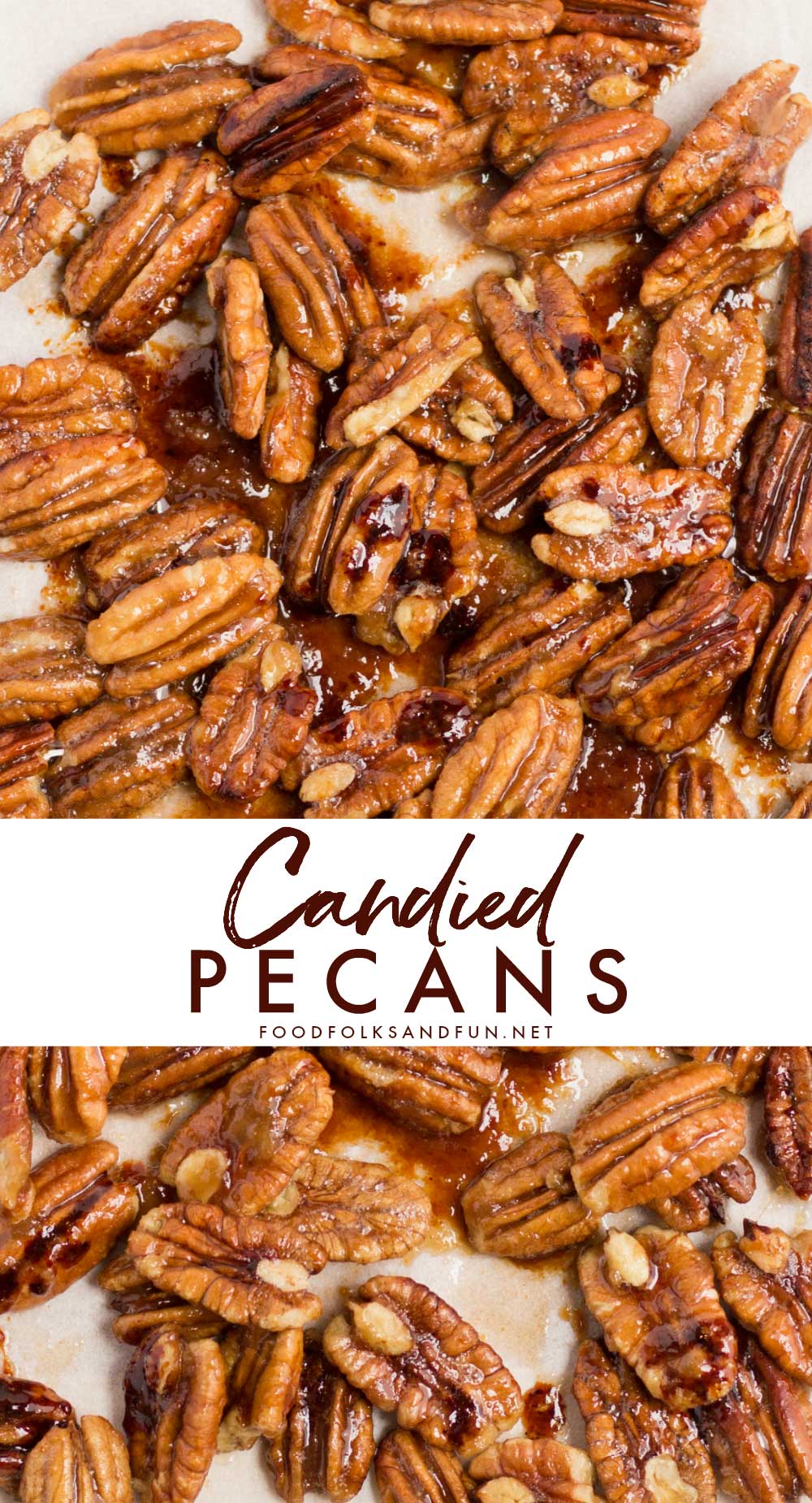 Candied pecans with text overlay for Pinterest