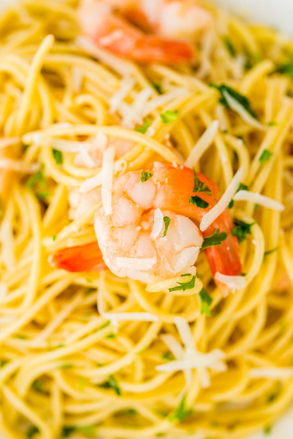 A close up overhead picture of the finished Shrimp Scampi pasta.