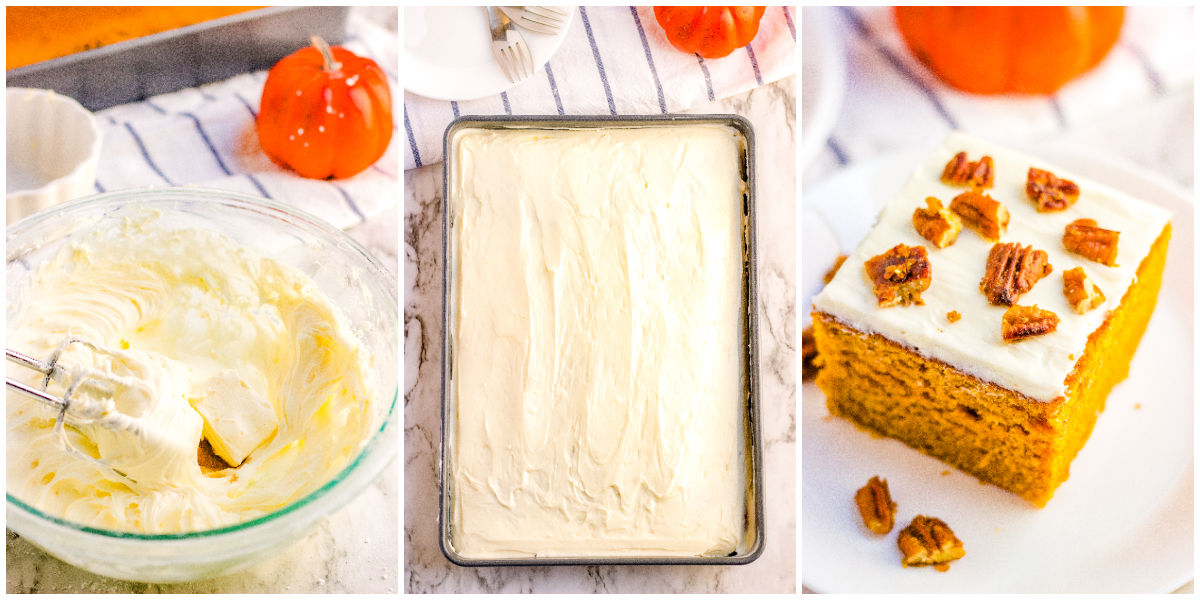 Step-by-step collage showing whipped cream cheese frosting in a bowl, frosted pumpkin snack cake in a pan, and a slice of pumpkin cake topped with pecans.