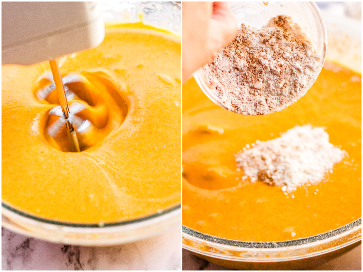 Close-up collage showing pumpkin cake batter being mixed with a hand mixer and dry ingredients being added to the bowl.