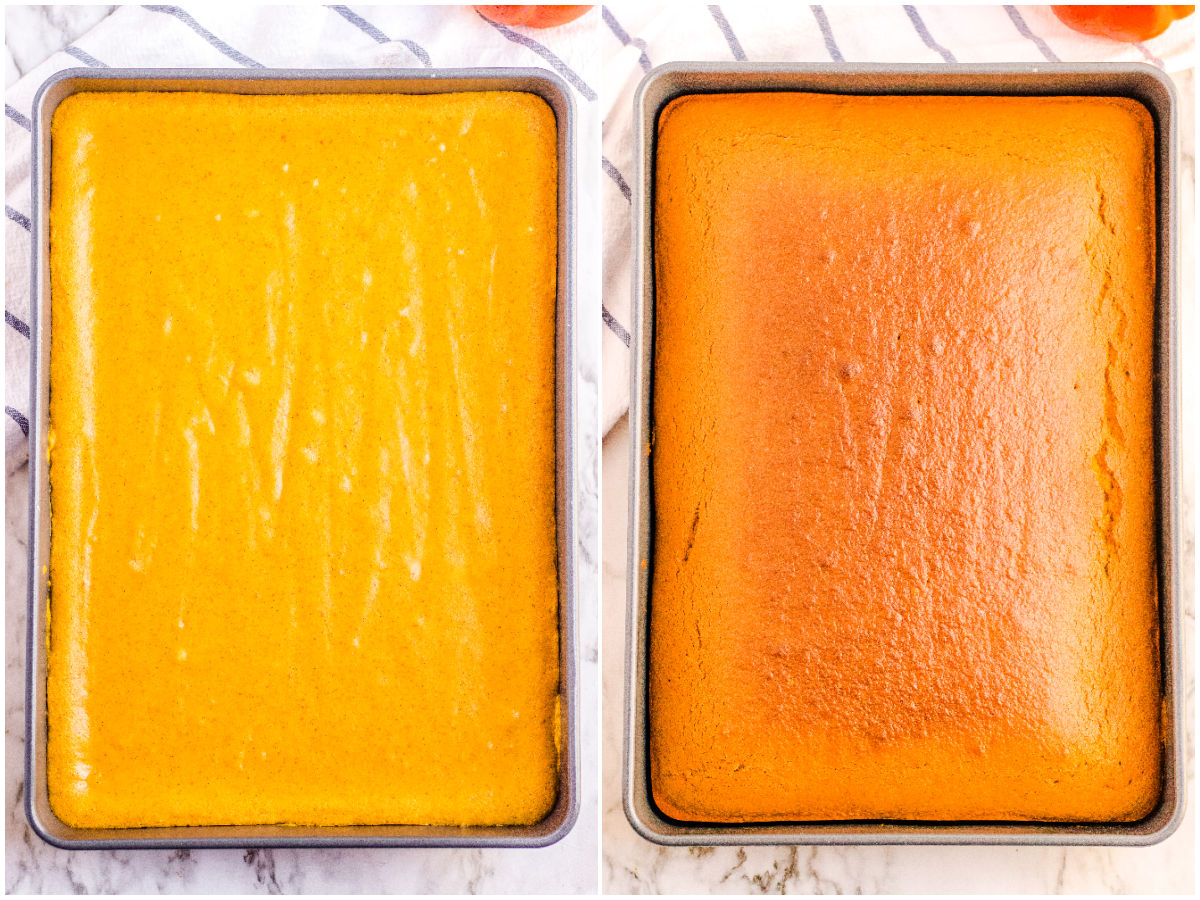 Side-by-side comparison of pumpkin snack cake batter in a pan before baking and the golden-brown baked cake cooling on a counter.