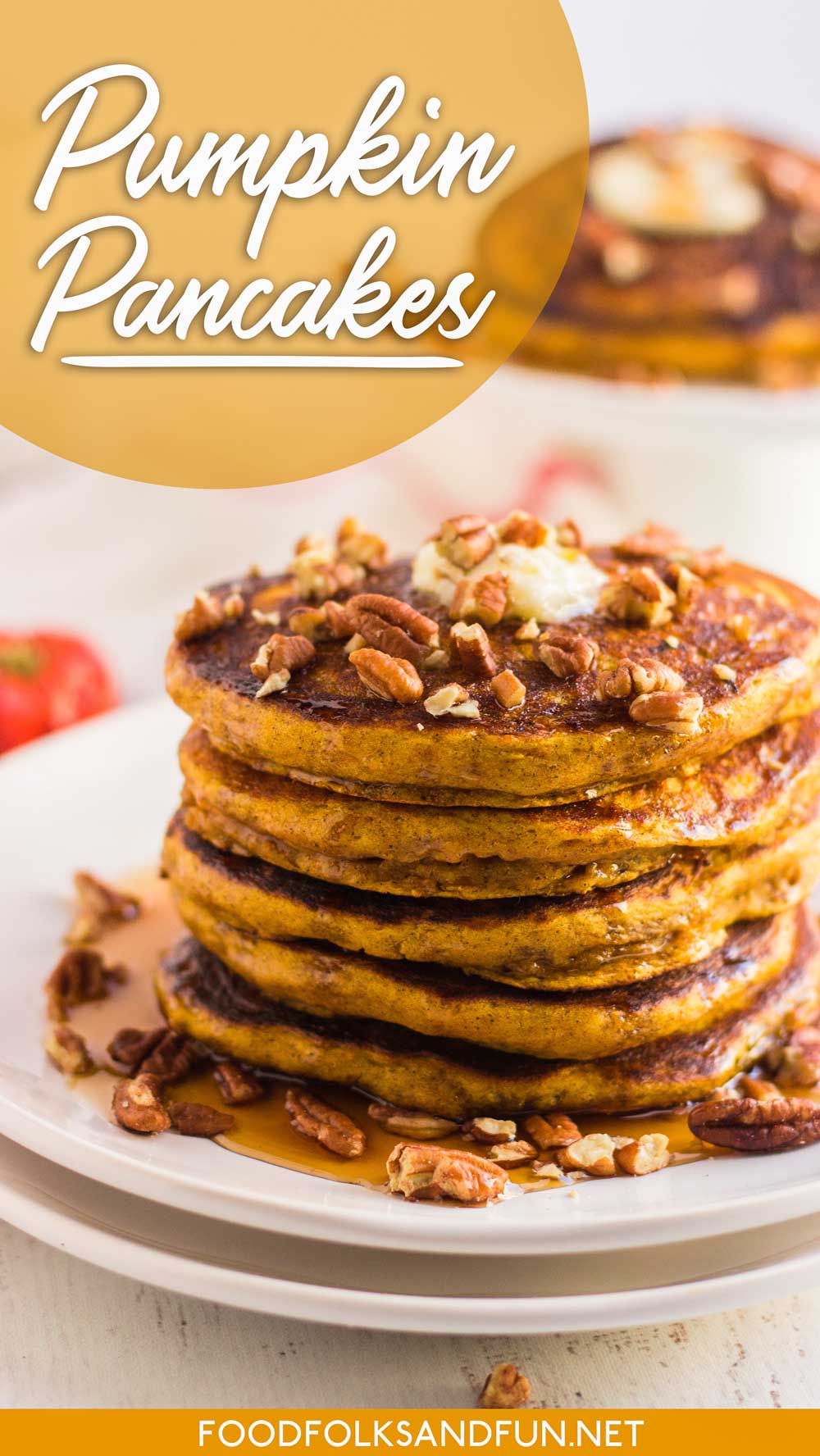 Delicious and fluffy Pumpkin Pancakes that are so easy to make. They’re perfect for Fall breakfast or brunch, and they’re always a crowd pleaser!