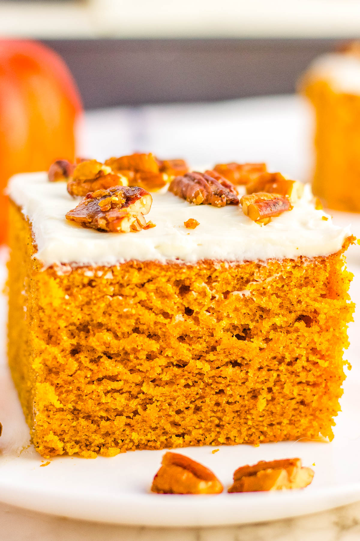 Close-up of moist pumpkin snack cake topped with creamy frosting and chopped pecans, showing fluffy crumb texture.
