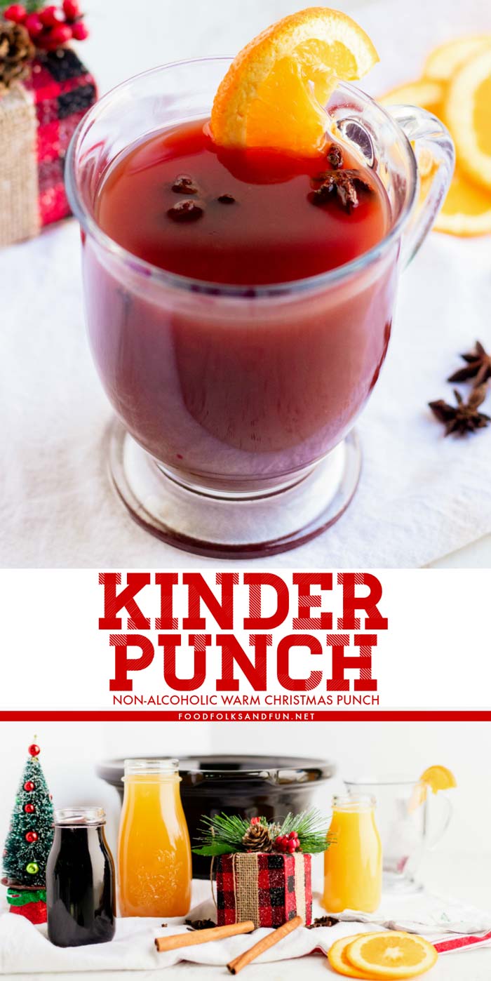 Apple cider, cherry juice, orange juice, and warm winter spices like cinnamon, cloves, and star anise make this the best warm Christmas Kinderpunsch recipe!  via @foodfolksandfun