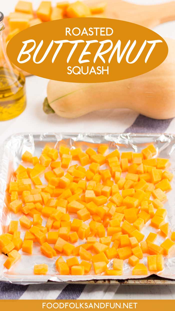 Butternut Squash Cubes on a baking sheet ready to be roasted in the oven. 