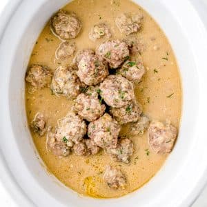 An overhead picture of the finished Crockpot Swedish Meatballs.